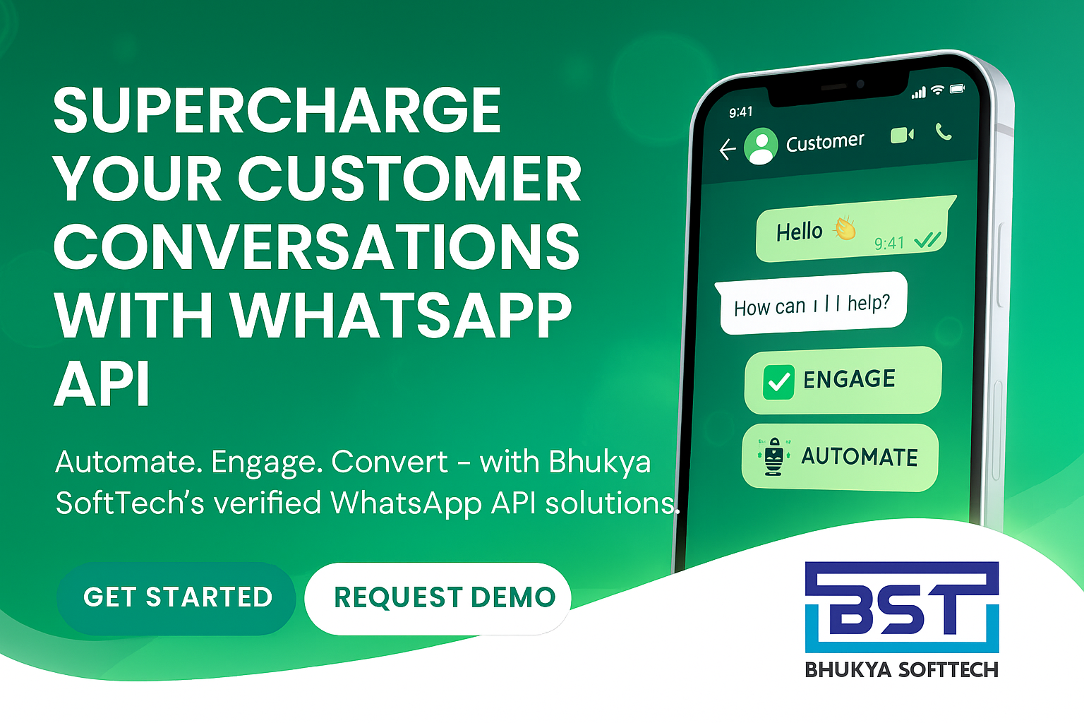 Smartphone mockup demo showing WhatsApp conversation and automation buttons